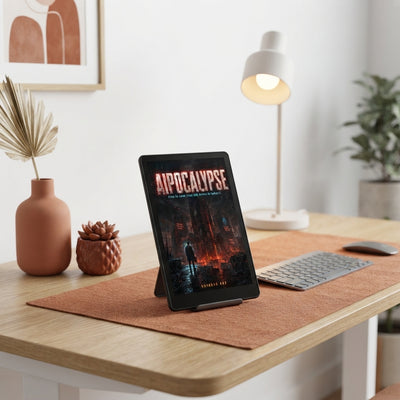 An e-reader displaying the AIpocalypse ebook cover on a clean, modern desk with burnt sienna and terracotta office accessorie