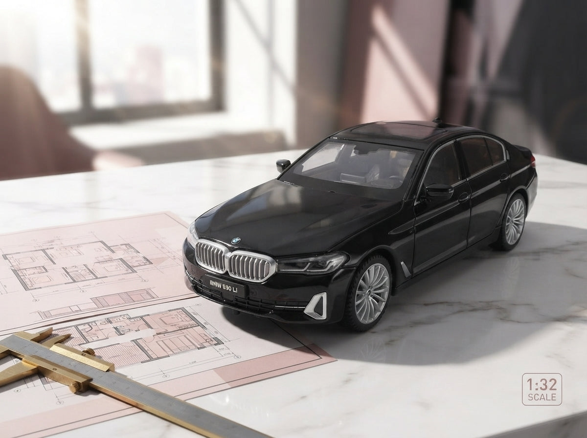 A Black Mamba diecast alloy car model displayed on a desk next to technical blueprints and drafting tools.