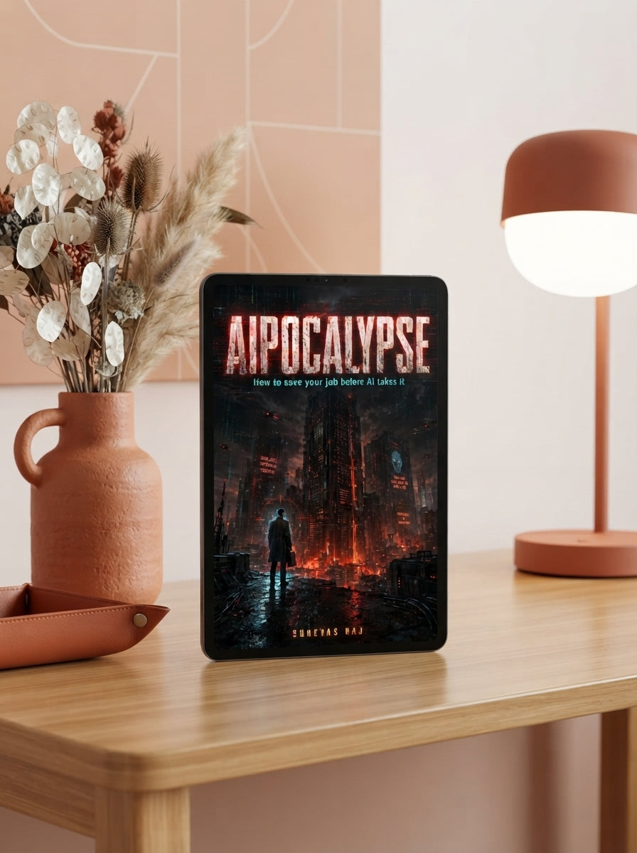 Ebook titled AIpocalypse: Save Your Job From AI resting on a modern desk with burnt sienna and terracotta accents.