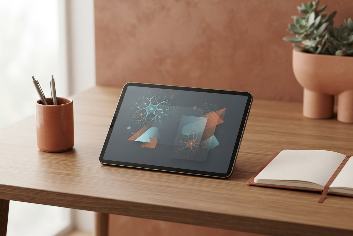 A modern workspace with a tablet displaying an e-book, accented by burnt sienna and terracotta office desk accessories.