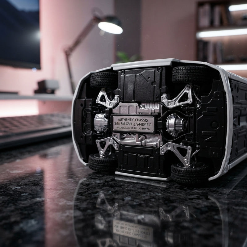 A close-up shot of a Black Mamba diecast car showing a detailed serial number plate on a dark desk with blurred office backgr